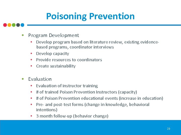 Poisoning Prevention • Program Development • Develop program based on literature review, existing evidencebased