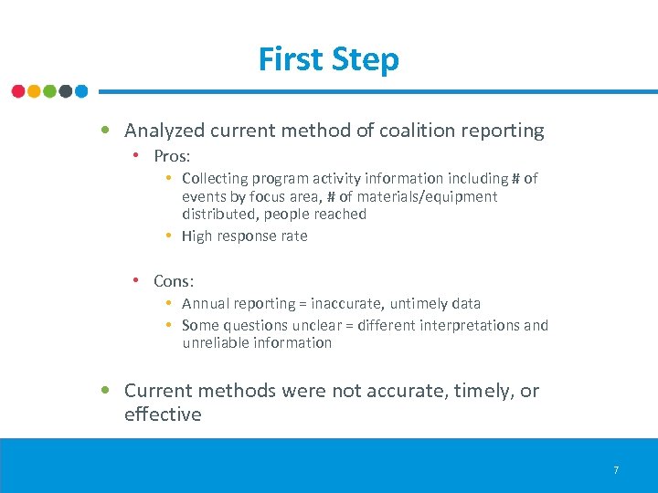 First Step • Analyzed current method of coalition reporting • Pros: • Collecting program