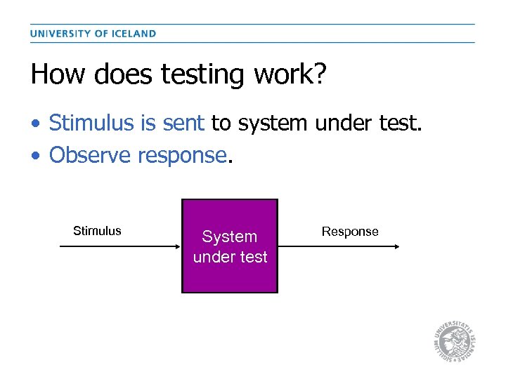 How does testing work? • Stimulus is sent to system under test. • Observe