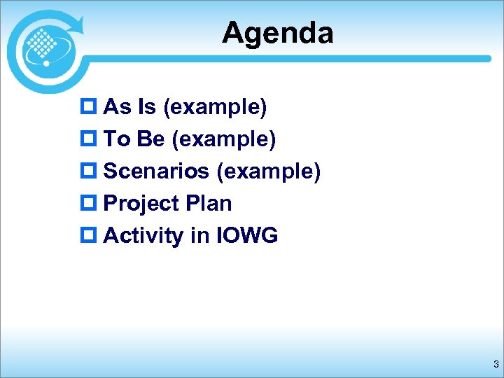 Agenda p As Is (example) p To Be (example) p Scenarios (example) p Project