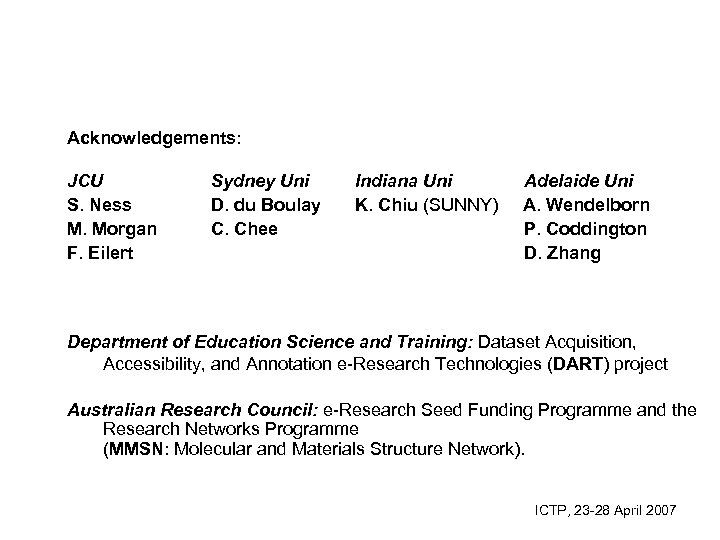 Acknowledgements: JCU S. Ness M. Morgan F. Eilert Sydney Uni D. du Boulay C.
