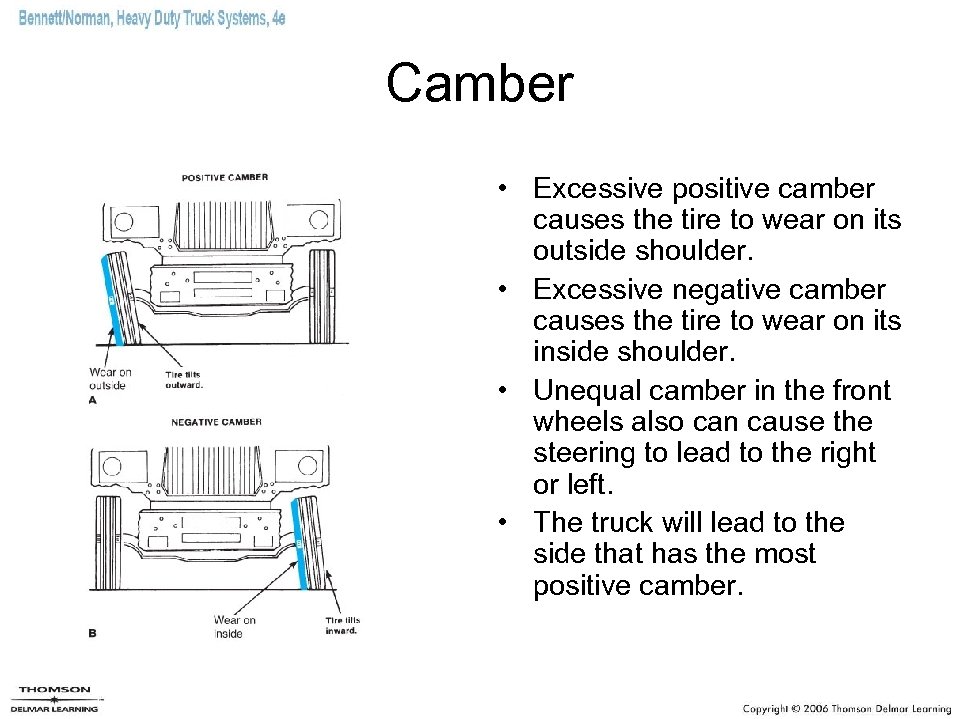 Camber • Excessive positive camber causes the tire to wear on its outside shoulder.