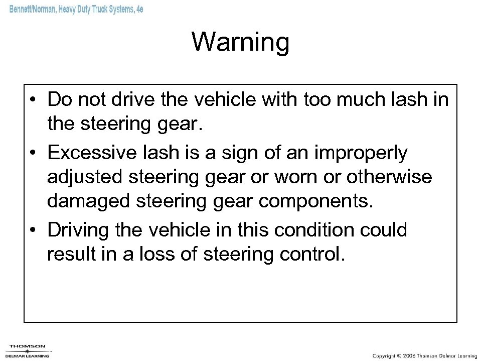 Warning • Do not drive the vehicle with too much lash in the steering