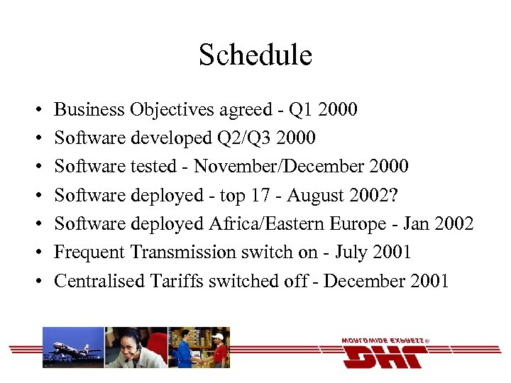 Schedule • • Business Objectives agreed - Q 1 2000 Software developed Q 2/Q