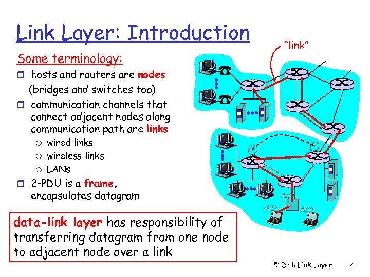 Link Layer: Introduction Some terminology: “link” r hosts and routers are nodes (bridges and