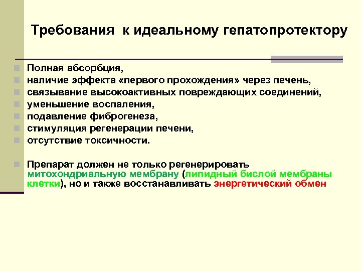 Требования к идеальному гепатопротектору n n n n Полная абсорбция, наличие эффекта «первого прохождения»