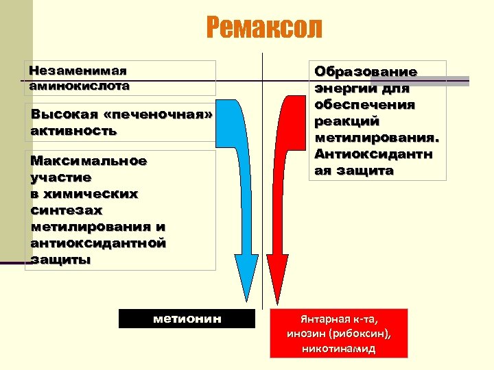 Ремаксол Незаменимая аминокислота Высокая «печеночная» активность Максимальное участие в химических синтезах метилирования и антиоксидантной