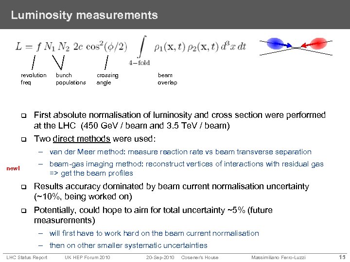 Luminosity measurements revolution freq bunch populations crossing angle beam overlap q First absolute normalisation