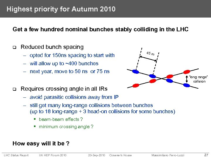 Highest priority for Autumn 2010 Get a few hundred nominal bunches stably colliding in