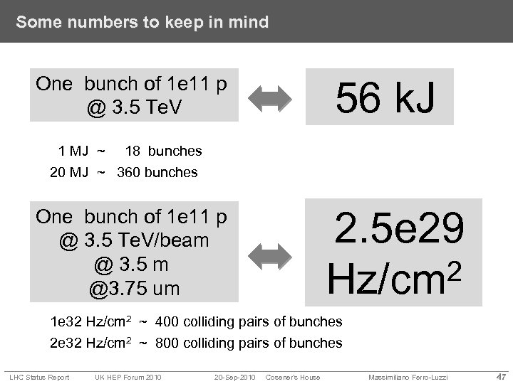 Some numbers to keep in mind One bunch of 1 e 11 p @