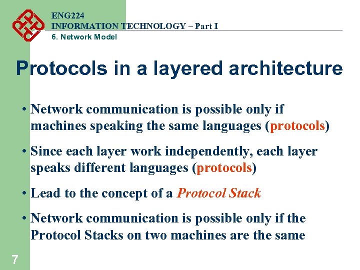 ENG 224 INFORMATION TECHNOLOGY – Part I 6. Network Model Protocols in a layered