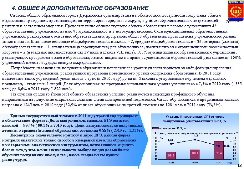 4. ОБЩЕЕ И ДОПОЛНИТЕЛЬНОЕ ОБРАЗОВАНИЕ Система общего образования города Дзержинска ориентирована на обеспечение доступности