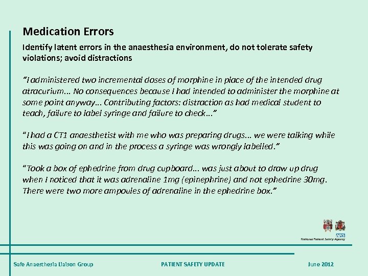 Medication Errors Identify latent errors in the anaesthesia environment, do not tolerate safety violations;