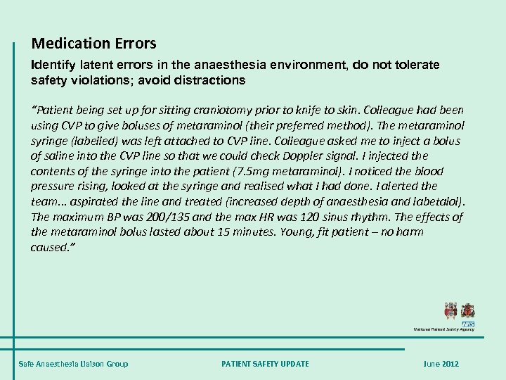 Medication Errors Identify latent errors in the anaesthesia environment, do not tolerate safety violations;