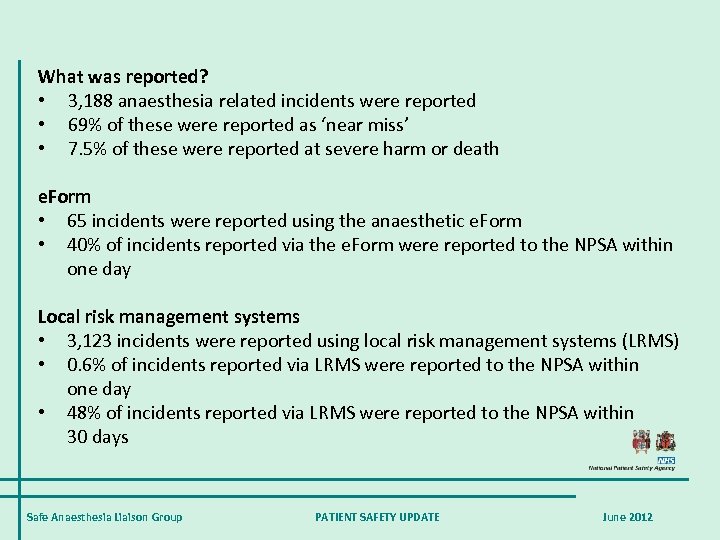  What was reported? • 3, 188 anaesthesia related incidents were reported • 69%