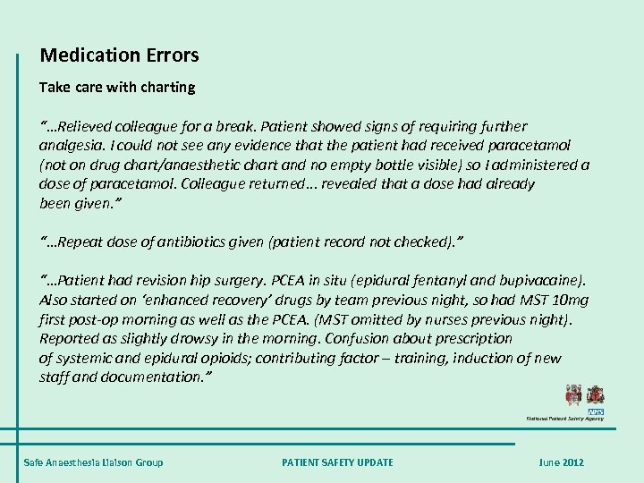 Medication Errors Take care with charting “…Relieved colleague for a break. Patient showed signs