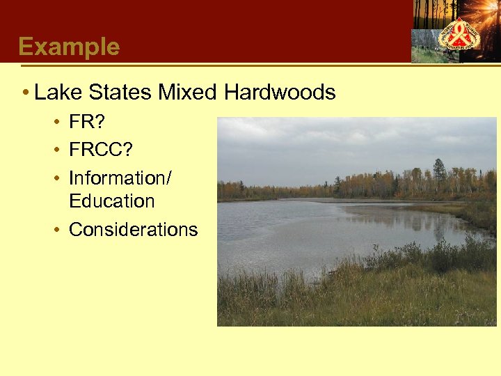 Example • Lake States Mixed Hardwoods • FR? • FRCC? • Information/ Education •