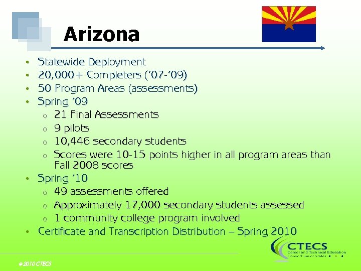 Arizona Statewide Deployment 20, 000+ Completers (’ 07 -’ 09) 50 Program Areas (assessments)