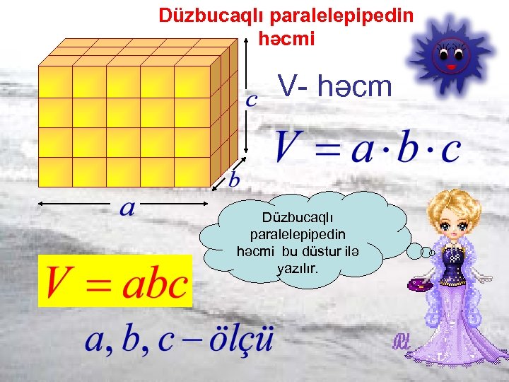 Düzbucaqlı paralelepipedin həcmi V- həcm Düzbucaqlı paralelepipedin həcmi bu düstur ilə yazılır. 