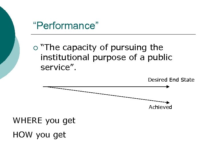 “Performance” ¡ “The capacity of pursuing the institutional purpose of a public service”. Desired