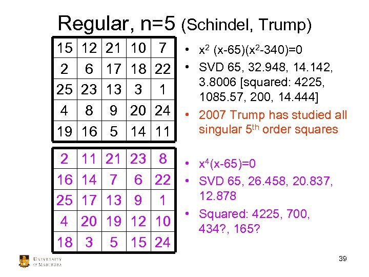 Regular, n=5 (Schindel, Trump) 15 2 25 4 19 12 6 23 8 16