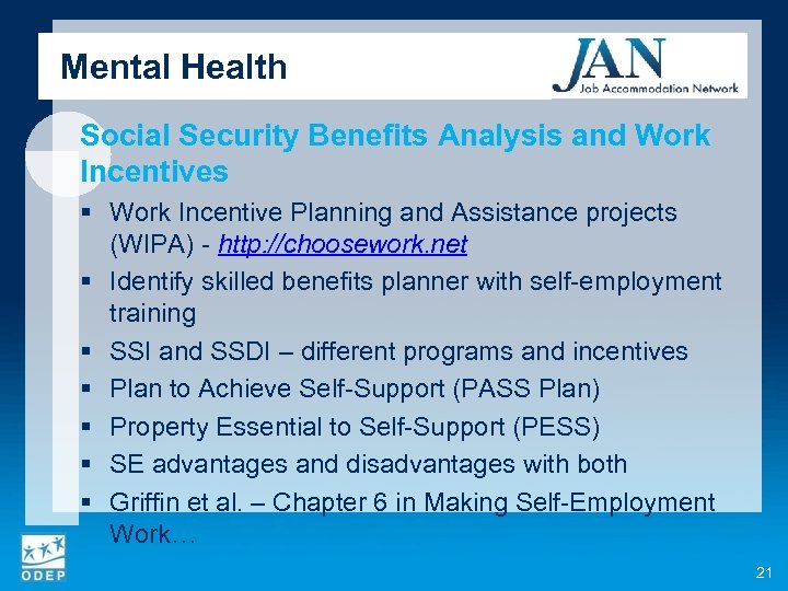 Mental Health Social Security Benefits Analysis and Work Incentives § Work Incentive Planning and