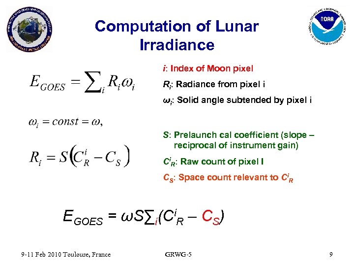 Computation of Lunar Irradiance i: Index of Moon pixel Ri: Radiance from pixel i