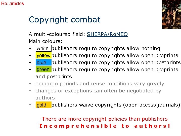 Re: articles Copyright combat A multi-coloured field: SHERPA/Ro. MEO Main colours: - white publishers