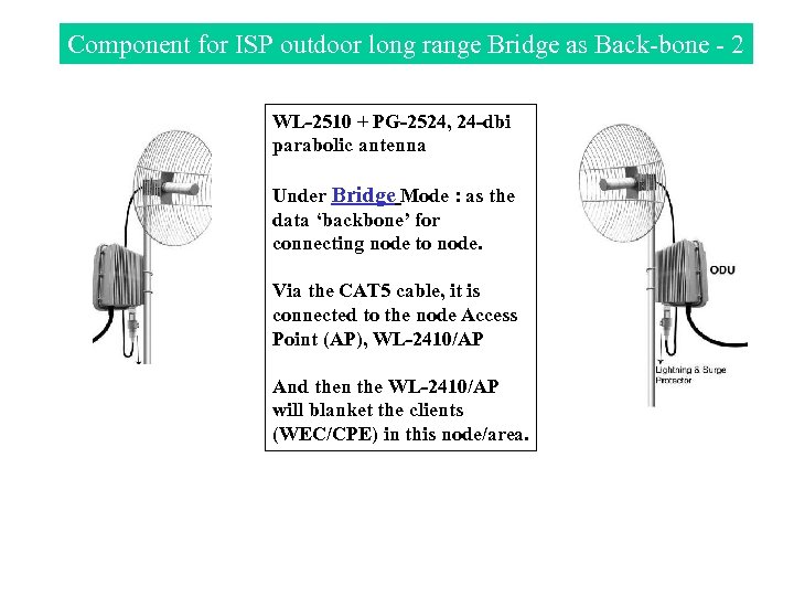 Component for ISP outdoor long range Bridge as Back-bone - 2 WL-2510 + PG-2524,