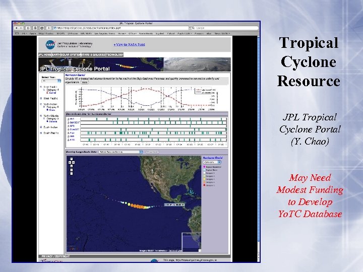 Tropical Cyclone Resource JPL Tropical Cyclone Portal (Y. Chao) May Need Modest Funding to