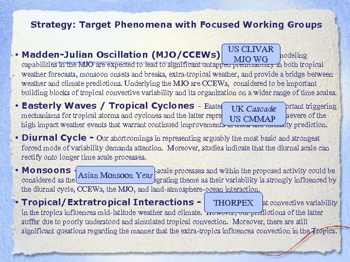 Strategy: Target Phenomena with Focused Working Groups US CLIVAR • Madden-Julian Oscillation (MJO/CCEWs)-Advances in