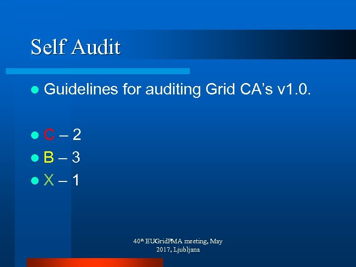 Self Audit l Guidelines for auditing Grid CA’s v 1. 0. l. C –