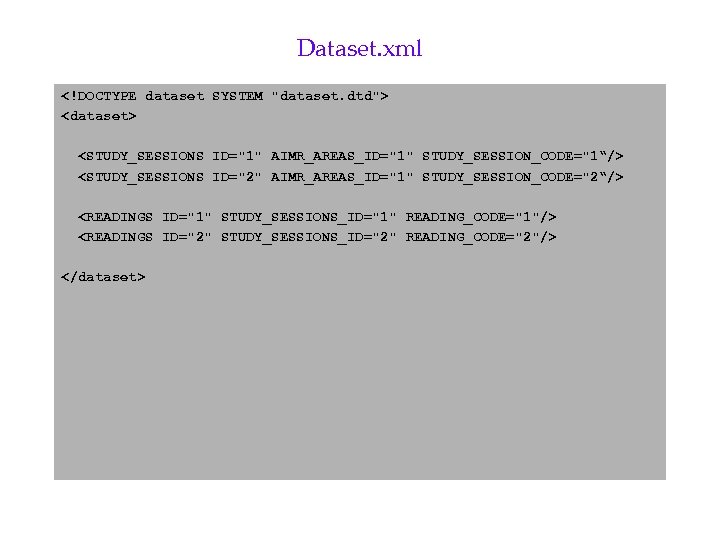 Dataset. xml <!DOCTYPE dataset SYSTEM "dataset. dtd"> <dataset> <STUDY_SESSIONS ID="1" AIMR_AREAS_ID="1" STUDY_SESSION_CODE="1“/> <STUDY_SESSIONS ID="2"