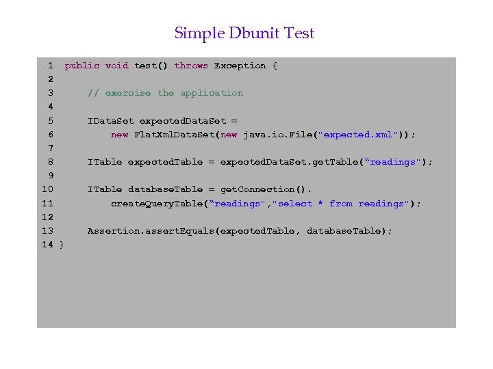 Simple Dbunit Test 1 public void test() throws Exception { 2 3 // exercise