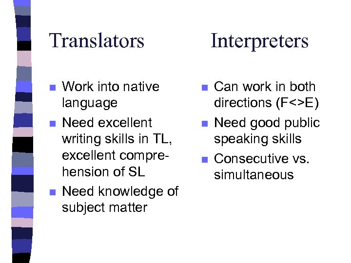 Translators n n n Work into native language Need excellent writing skills in TL,