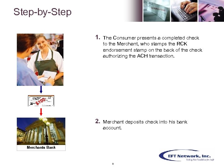 Step-by-Step 1. The Consumer presents a completed check to the Merchant, who stamps the