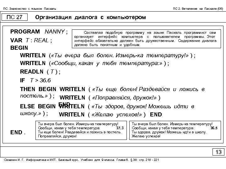 ПС. Знакомство с языком Паскаль ПС 27 ПС 2. Ветвление на Паскале (06) Организация