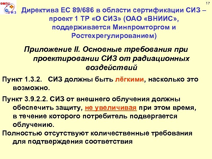 17 Директива ЕС 89/686 в области сертификации СИЗ – проект 1 ТР «О СИЗ»