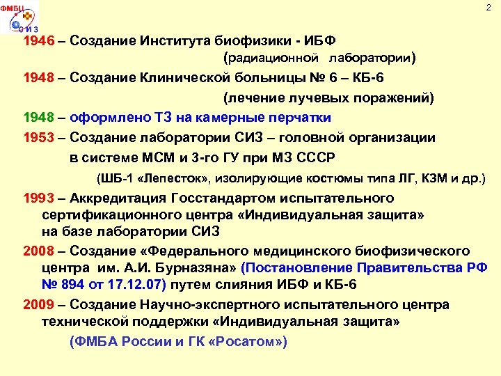 2 1946 – Создание Института биофизики - ИБФ (радиационной лаборатории) 1948 – Создание Клинической