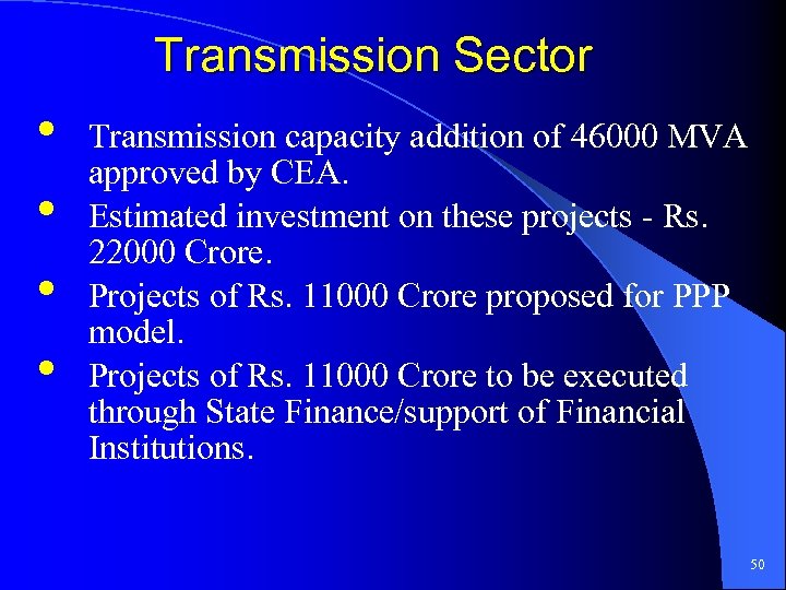 Transmission Sector • • Transmission capacity addition of 46000 MVA approved by CEA. Estimated