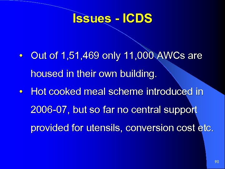 Issues - ICDS • Out of 1, 51, 469 only 11, 000 AWCs are