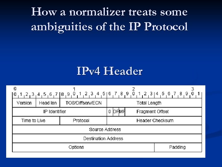 How a normalizer treats some ambiguities of the IP Protocol IPv 4 Header 