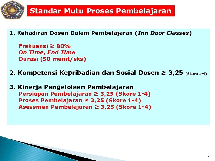 Standar Mutu Proses Pembelajaran 1. Kehadiran Dosen Dalam Pembelajaran (Inn Door Classes) Frekuensi ≥