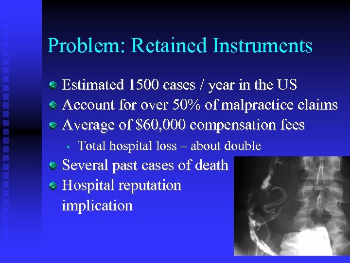 Problem: Retained Instruments Estimated 1500 cases / year in the US Account for over