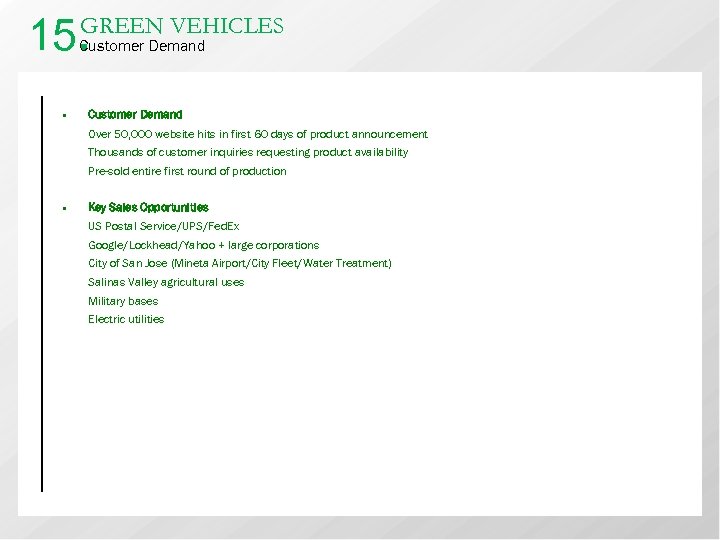 15. GREEN VEHICLES Customer Demand • Customer Demand Over 50, 000 website hits in