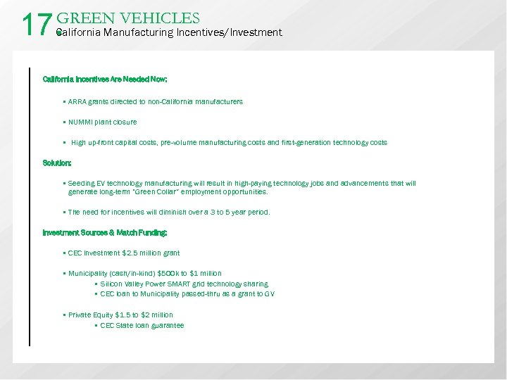 17. GREEN VEHICLES California Manufacturing Incentives/Investment California Incentives Are Needed Now: • ARRA grants