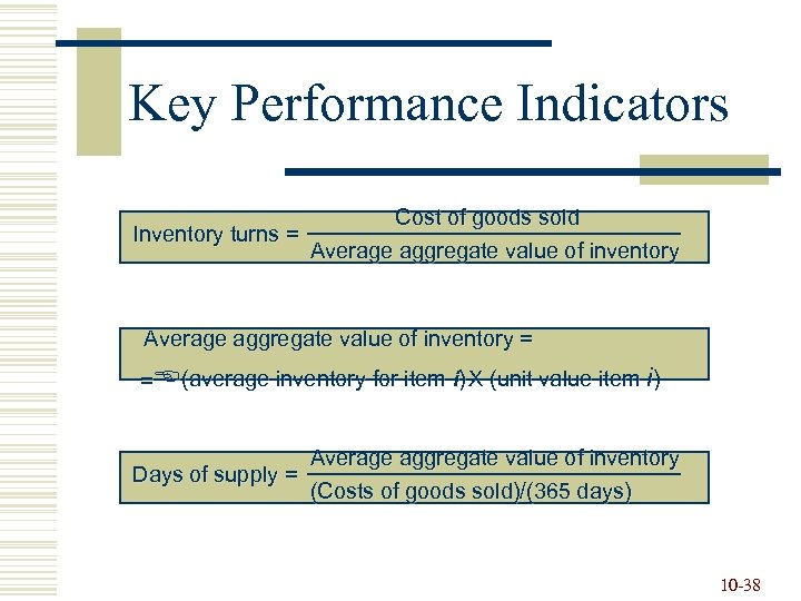 Key Performance Indicators Cost of goods sold Inventory turns = Average aggregate value of