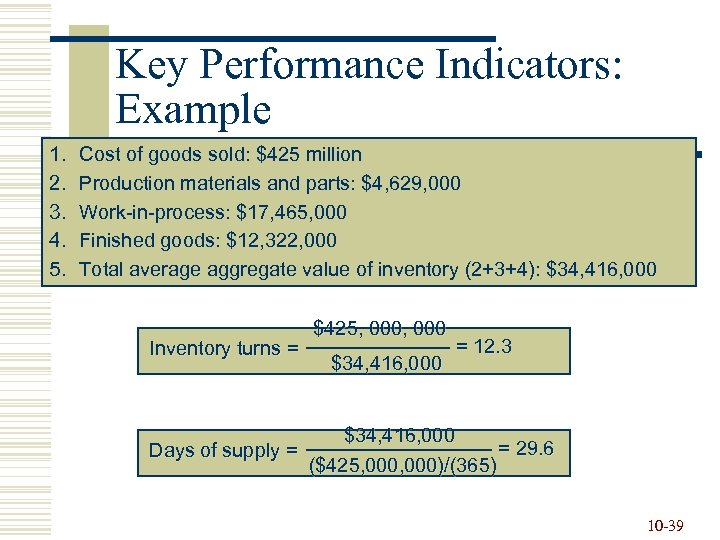 Key Performance Indicators: Example 1. 2. 3. 4. 5. Cost of goods sold: $425