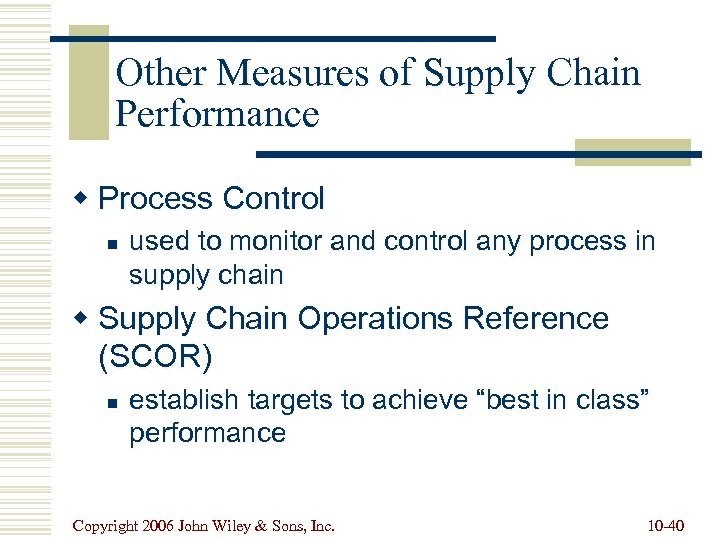 Other Measures of Supply Chain Performance w Process Control n used to monitor and