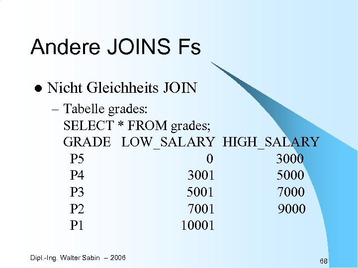 Andere JOINS Fs l Nicht Gleichheits JOIN – Tabelle grades: SELECT * FROM grades;